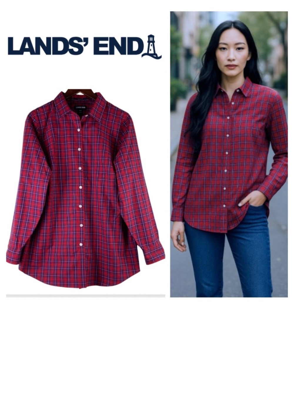 New Lands End Sz 16W XL 1X Shirt Top Blouse Button Down Plaid Red Blue